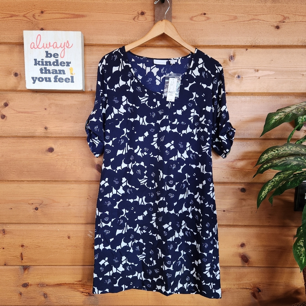 New York & Company 💜 NWT NY&C Blue Floral Roll Tab Tunic Shirt Shift Dress Sz S